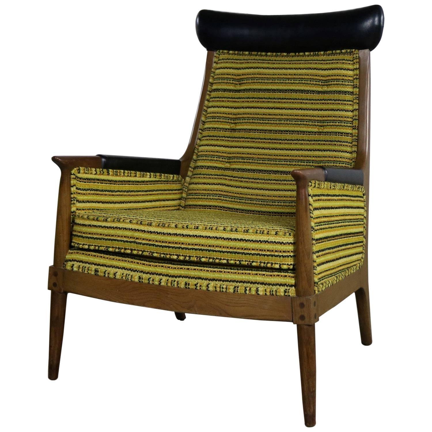 MCM Horn Style Armchair Green Gold & Black Horizontal Striped Upholstery