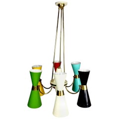 Massive Italian Six Shade Polychromatic Brass Hanging Lamp