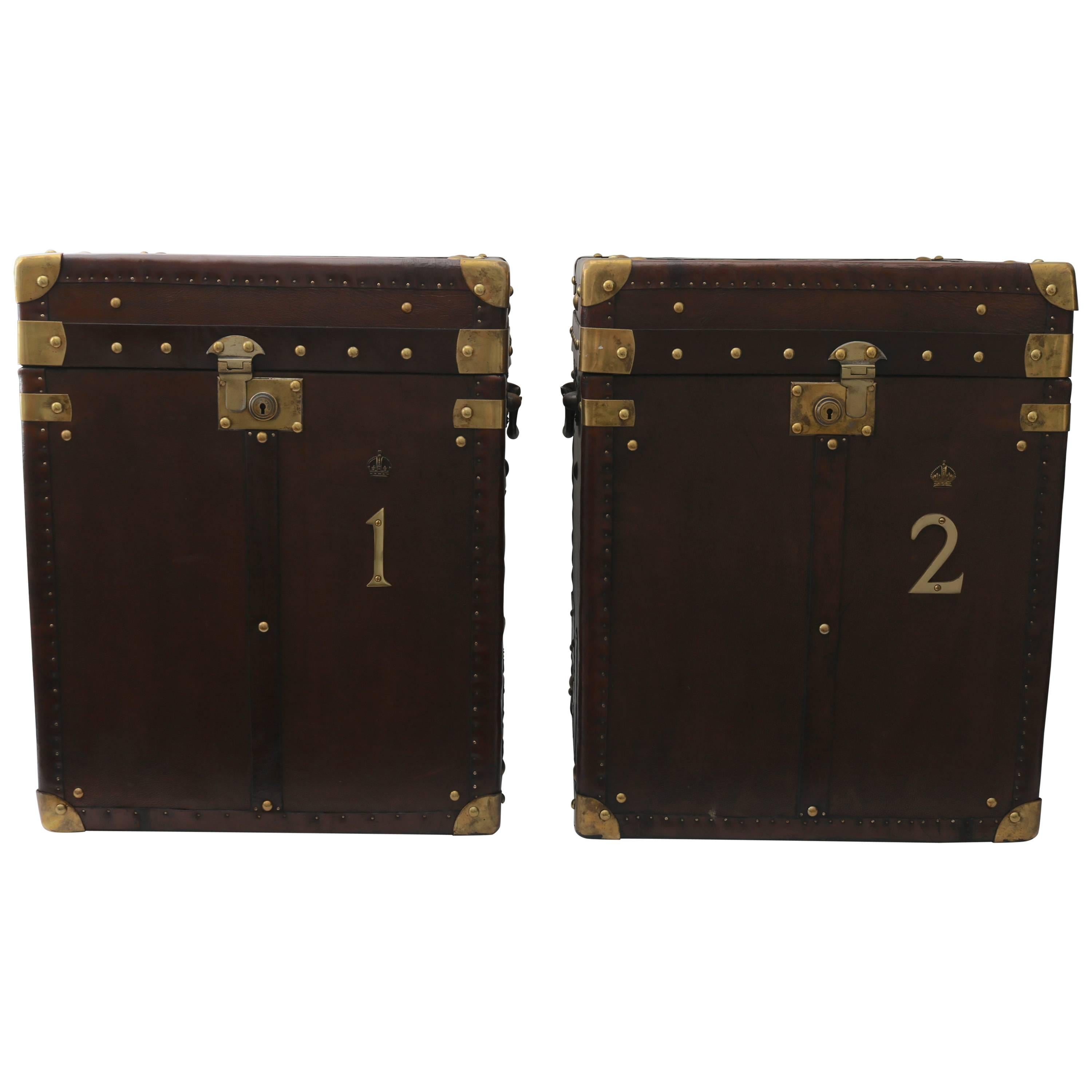 Pair of English Trunks in Leather with Brass Mounts