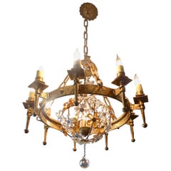 Spanish 1930s Round Gilt Iron and Glass Chandelier with 12 Lights