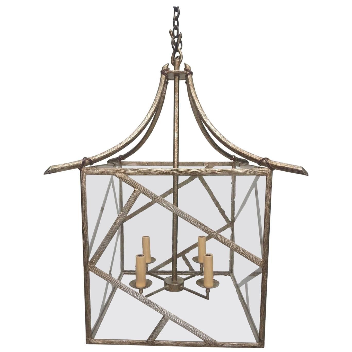 Faux Bois Twig Brass and Glass Pagoda Chandelier in the Les Lananne style