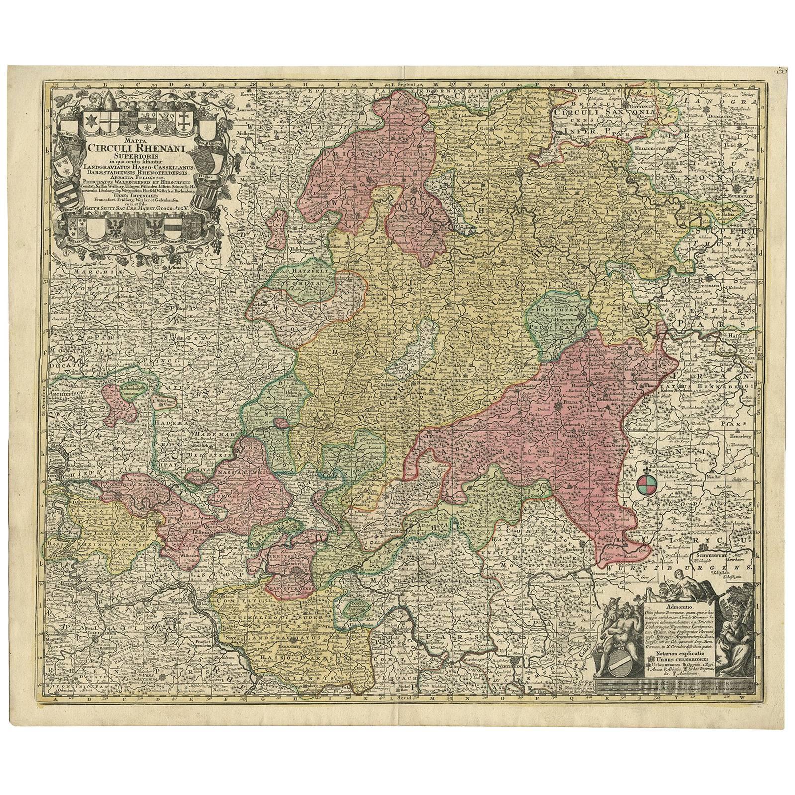 Handkolorierte antike Karte eines Teils Deutschlands von M. Seutter, um 1730