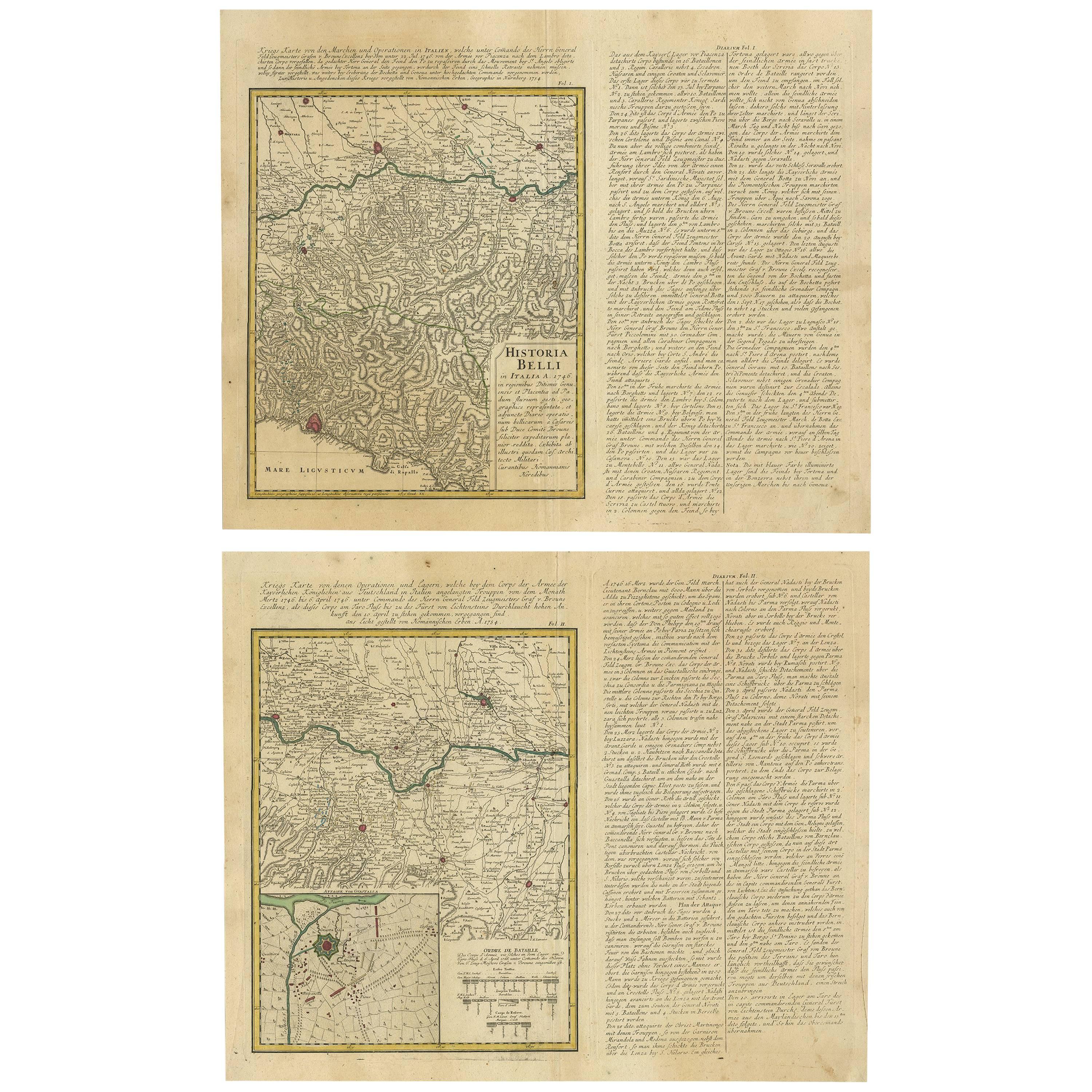 Conjunto de dos mapas antiguos del norte de Italia de Homann Heirs, 1754