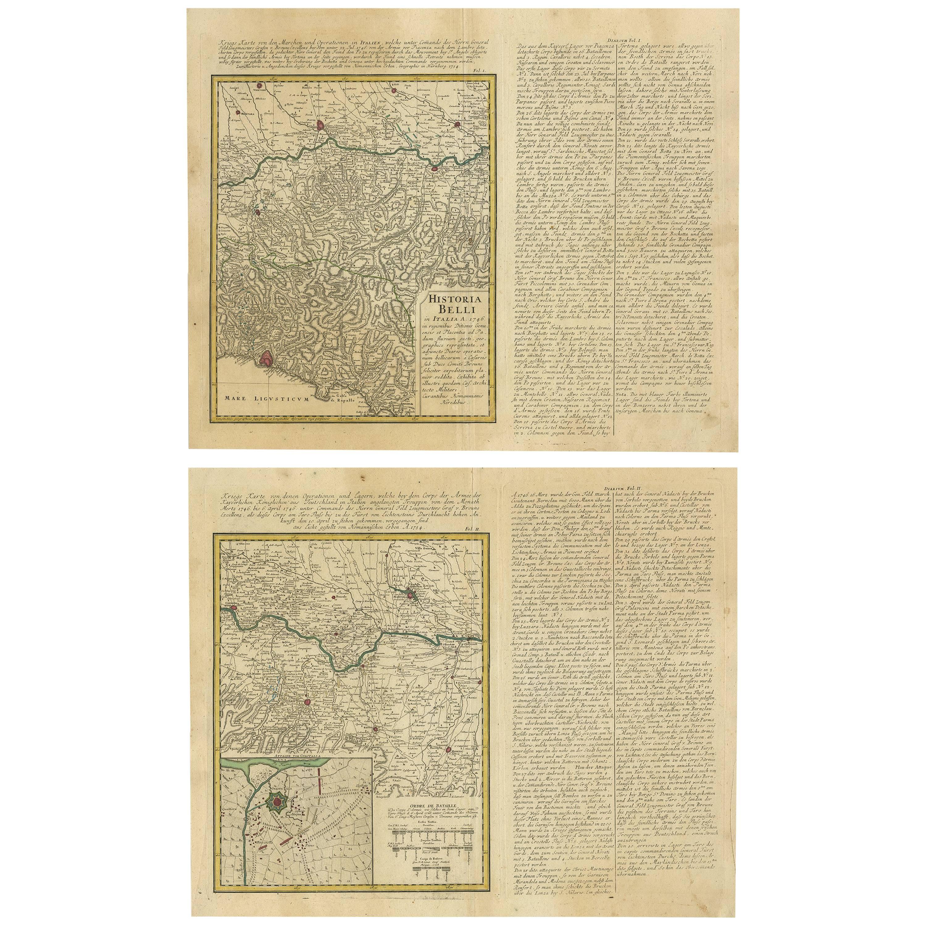 Set of Two Antique Maps of Northern Italy by Homann Heirs, 1754 For Sale