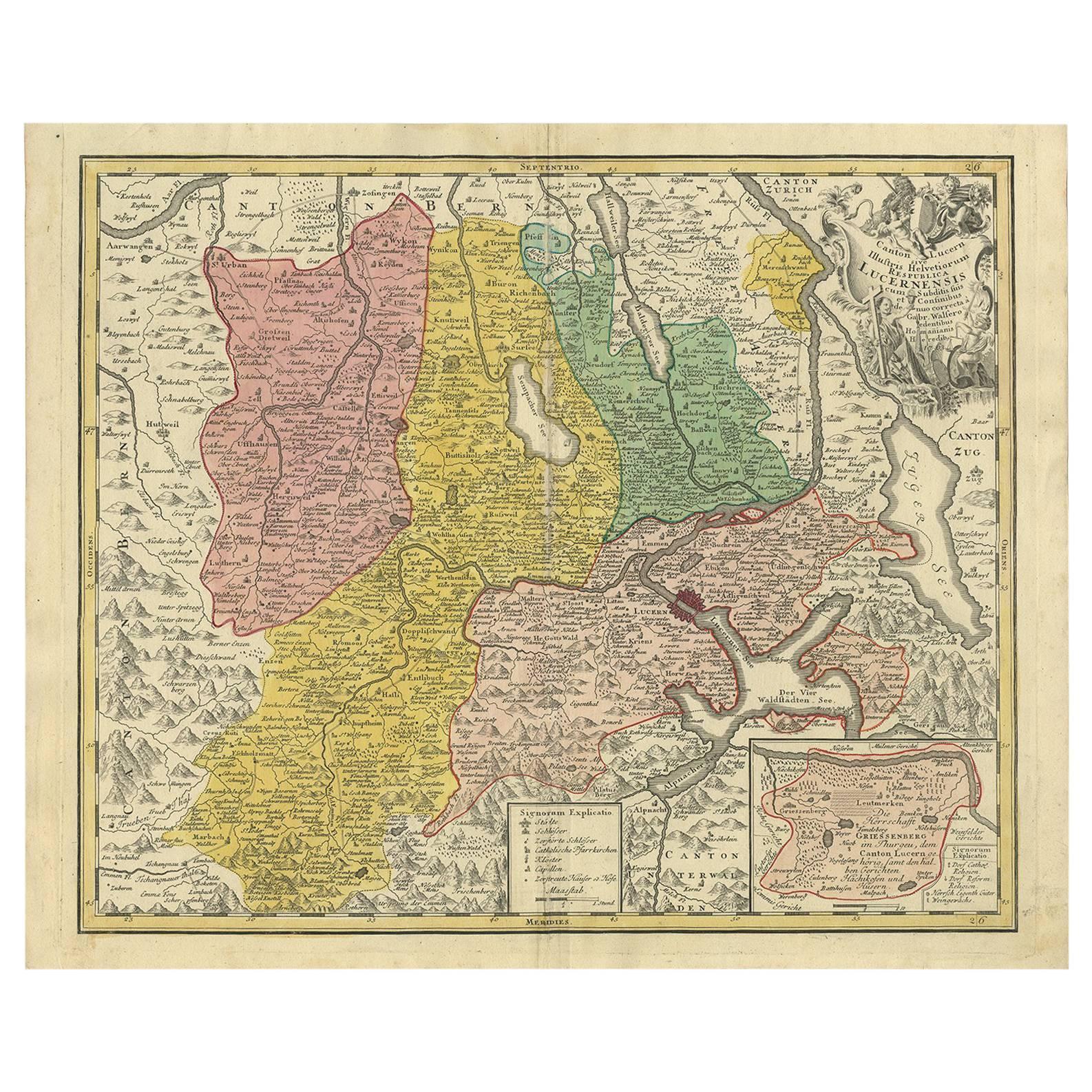 Antique Map of the Kanton Luzerne 'Switzerland' by Homann Heirs, 1763 For Sale