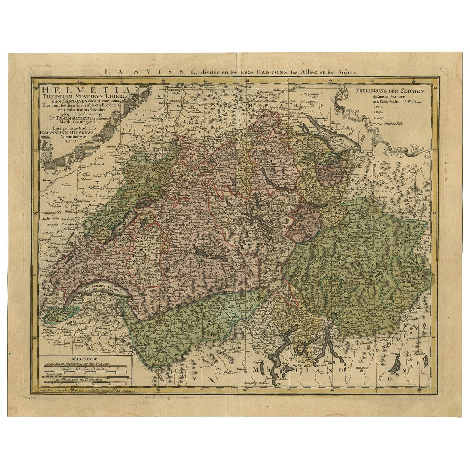 Antique Map of Switzerland by J.B. Homann, 1751 For Sale