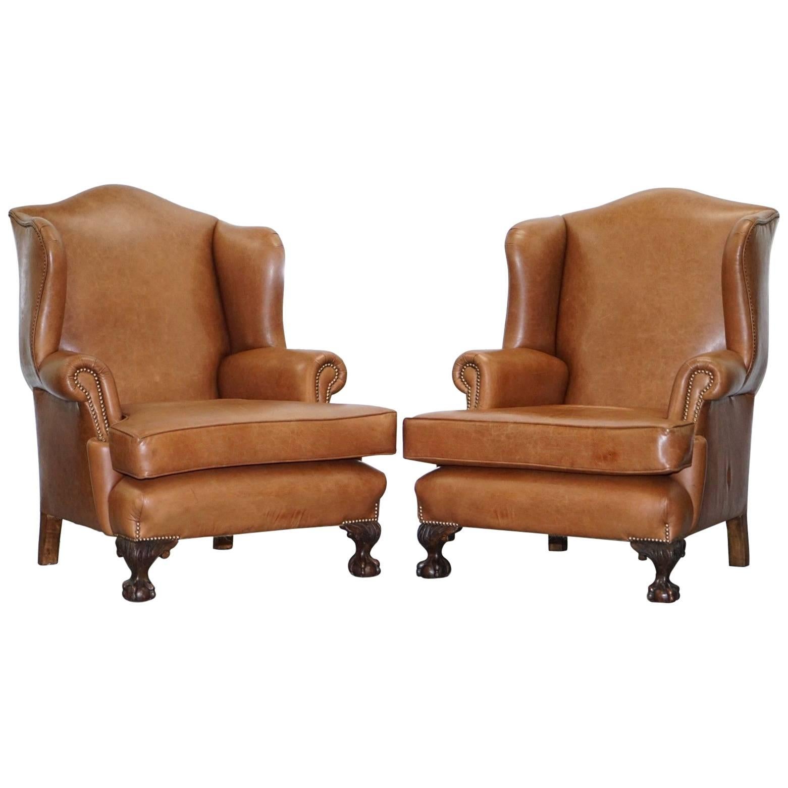 Pair of Restored Brown Leather circa 1860 Wingback Armchairs Claw and Ball Feet For Sale