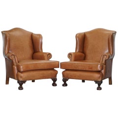 Vintage Pair of Restored Brown Leather circa 1860 Wingback Armchairs Claw and Ball Feet