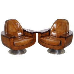 Vintage Pair of Restored 1969 Peter Hoyte Brown Leather Councillors Armchairs