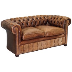 Very Rare Vintage 1920s Hand Dyed Aged Brown Leather Chesterfield Club Sofa