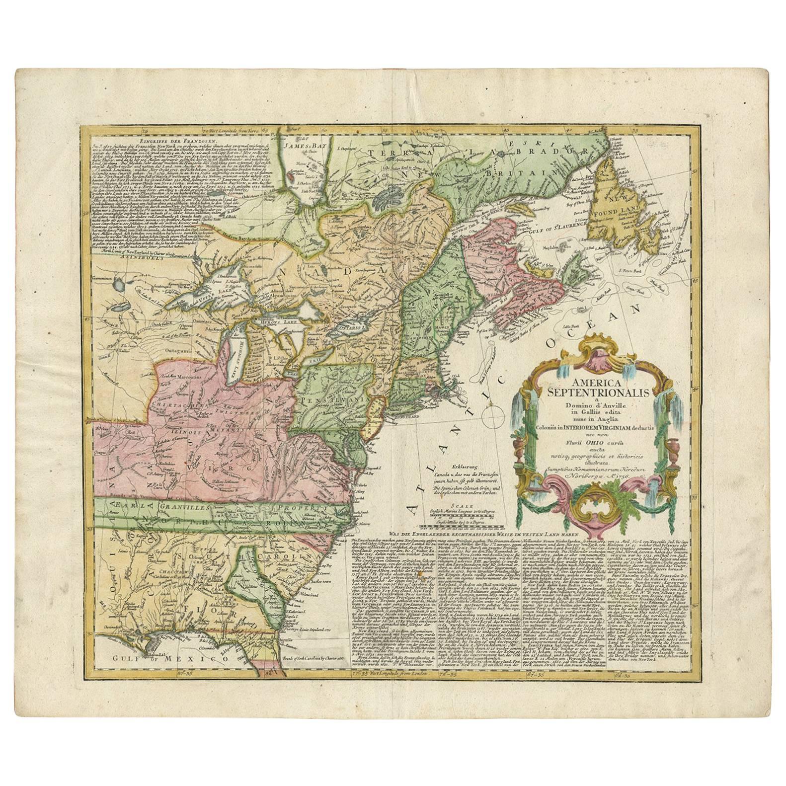 Antique Map of the British Colonies in North America by Homann Heirs, 1756