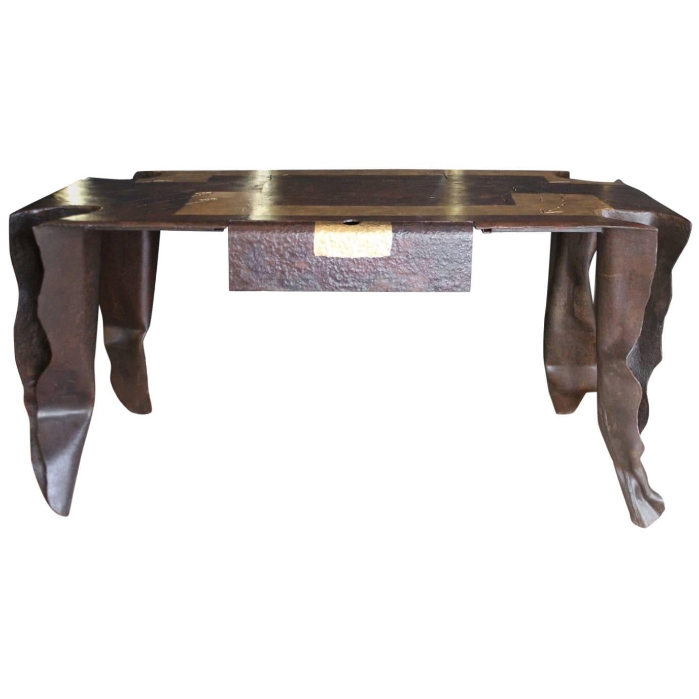 2001 Rectangular Metal Desk in Gold and Bronze Leaf by Jean Jacques Argueyrolles For Sale