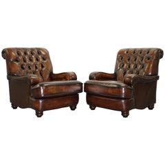 Restored Chesterfield Hand Dyed Cigar Brown Leather Scroll Back Armchairs, Pair