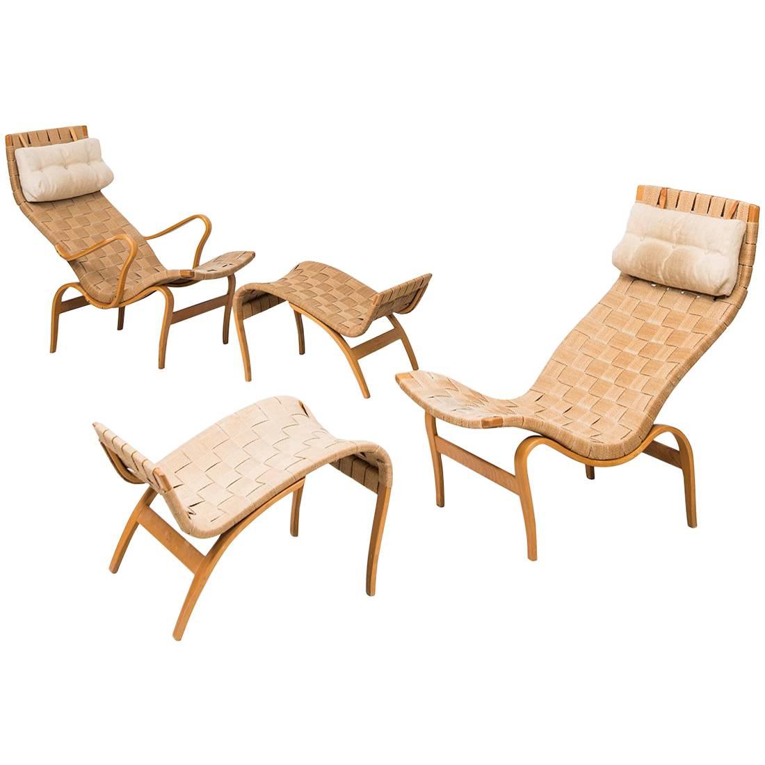 Bruno Mathsson Easy Chairs with Stools Model Pernilla by Karl Mathsson AB