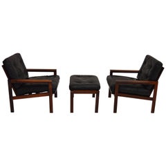 Pair of Illum Wikkelsø Capella Easy Chairs and Stool in Rosewood and Leather