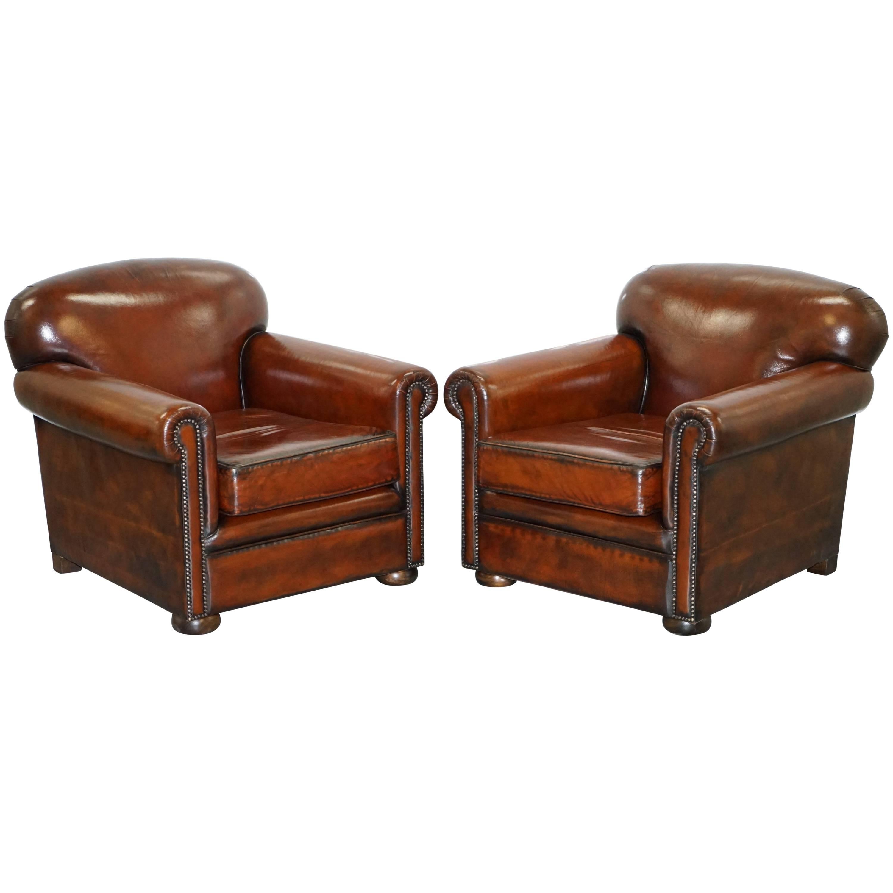 Pair of Aged Whisky Brown Leather Fully Restored Hand Dyed Club Armchairs
