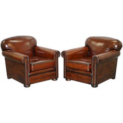 Vintage Pair of Aged Whisky Brown Leather Fully Restored Hand Dyed Club Armchairs