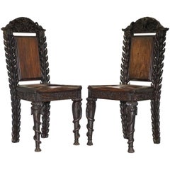 Rare Pair of Anglo-Indian Elephant Chairs, Highly Carved with Birds Flowers Etc