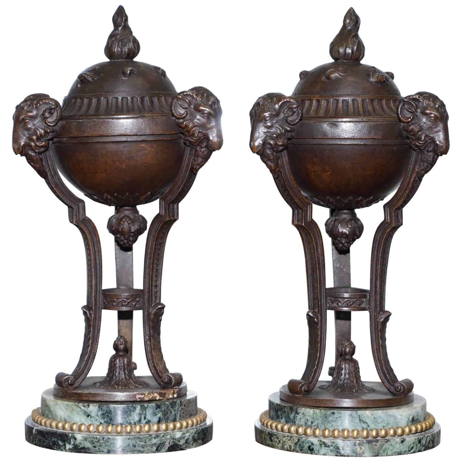 Stunning Pair of Rare Antique Rams Head Bronze Urns with Marble Bases Grand Tour
