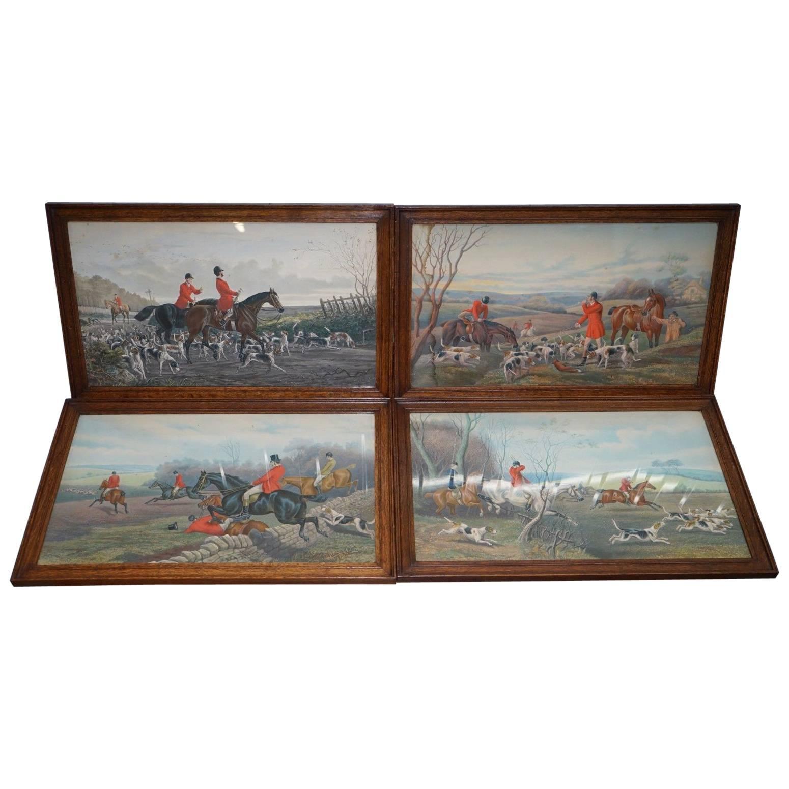 Set of Four Early Victorian Hunting Prints Hand Colored English Oak Frames