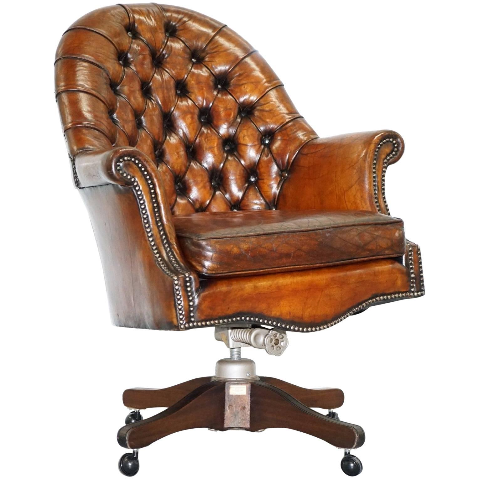 Restored 1940 Hillcrest Chesterfield Antique Whisky Brown Leather Captains Chair
