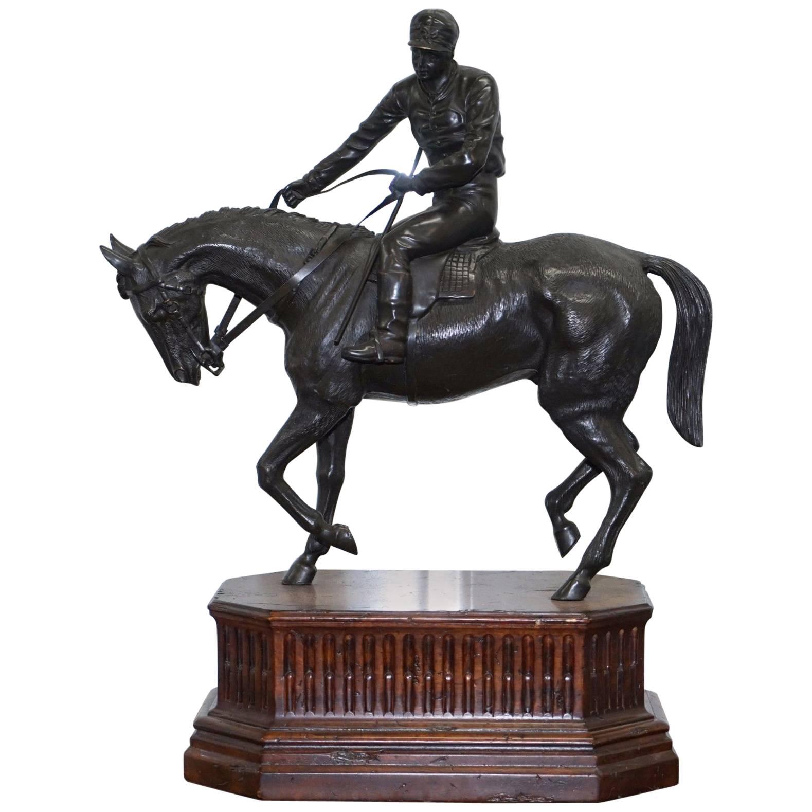 Very Large Solid Bronze Equestrian Horse with Jockey on a Walnut Base Rare Find