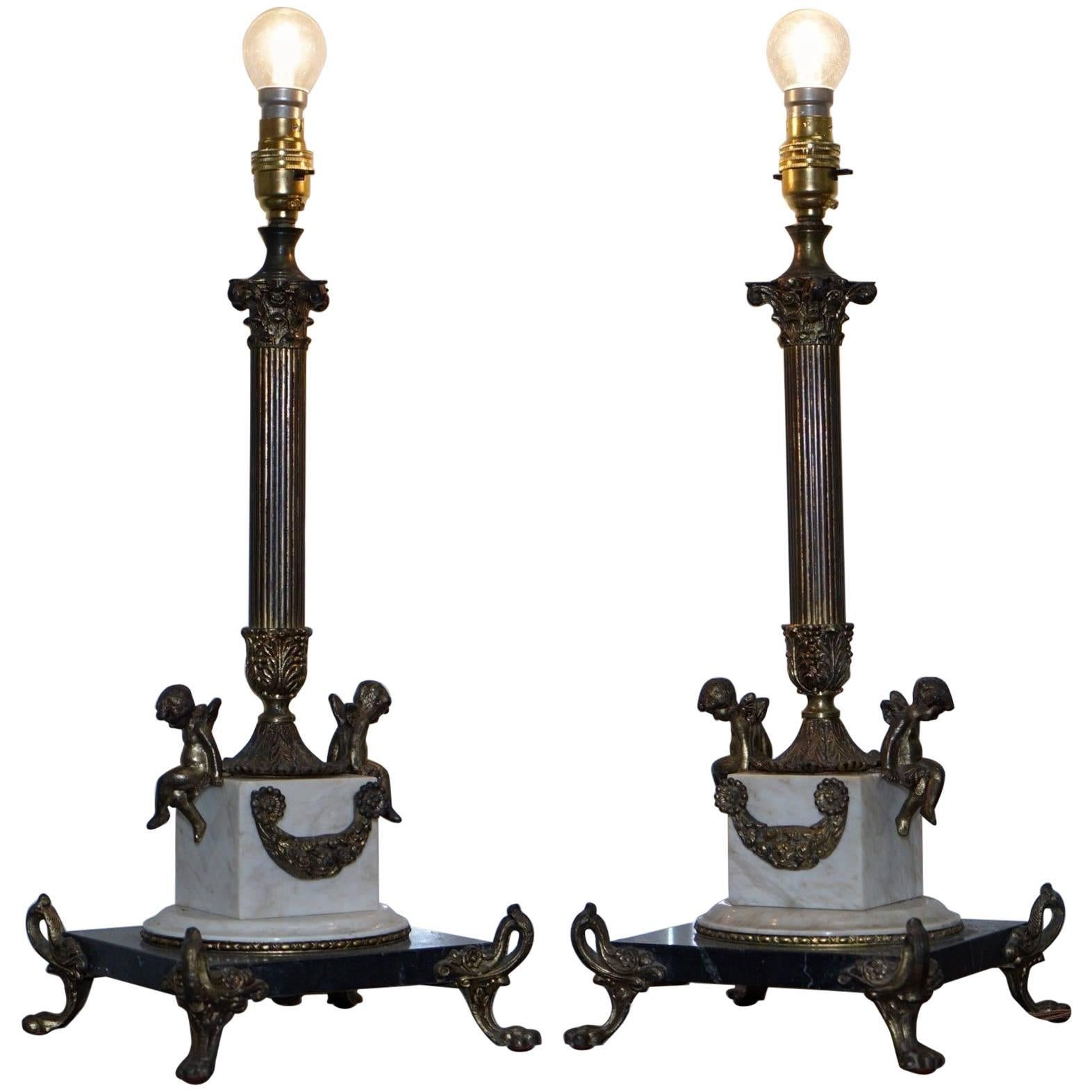 Pair of Antique French Bronze Corinthian Pillar, Cherubs Marble Base Table Lamps