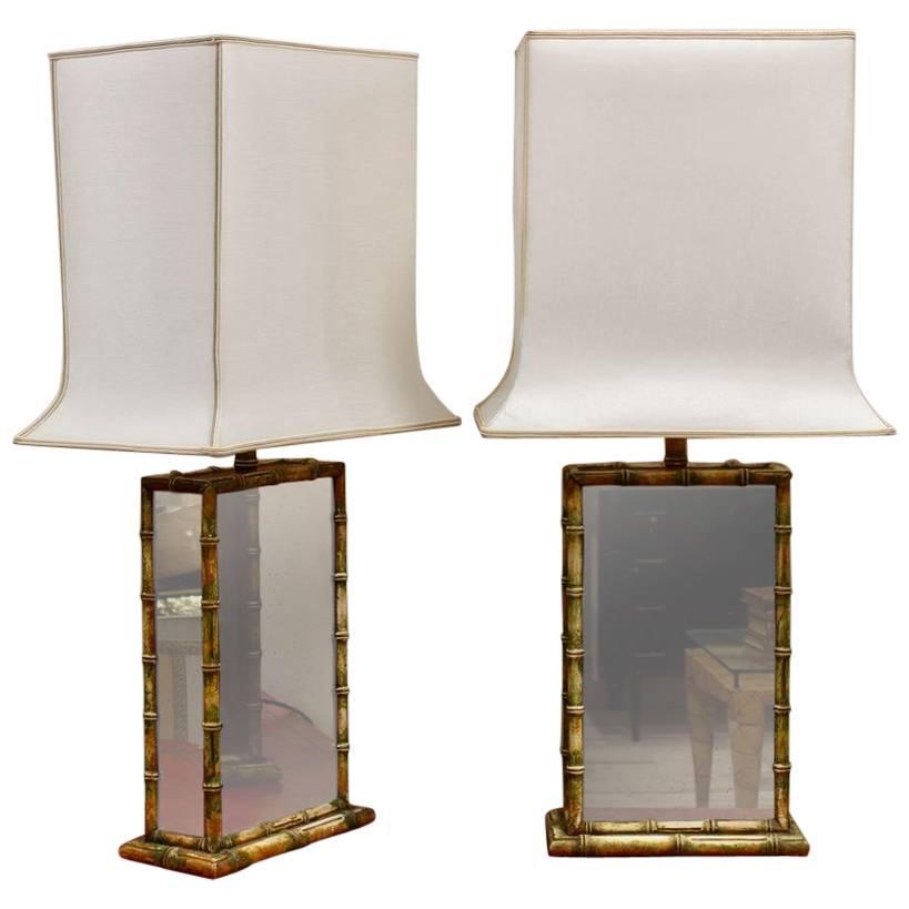 Unusual Pair of Faux Bamboo and Glass Table Lamps