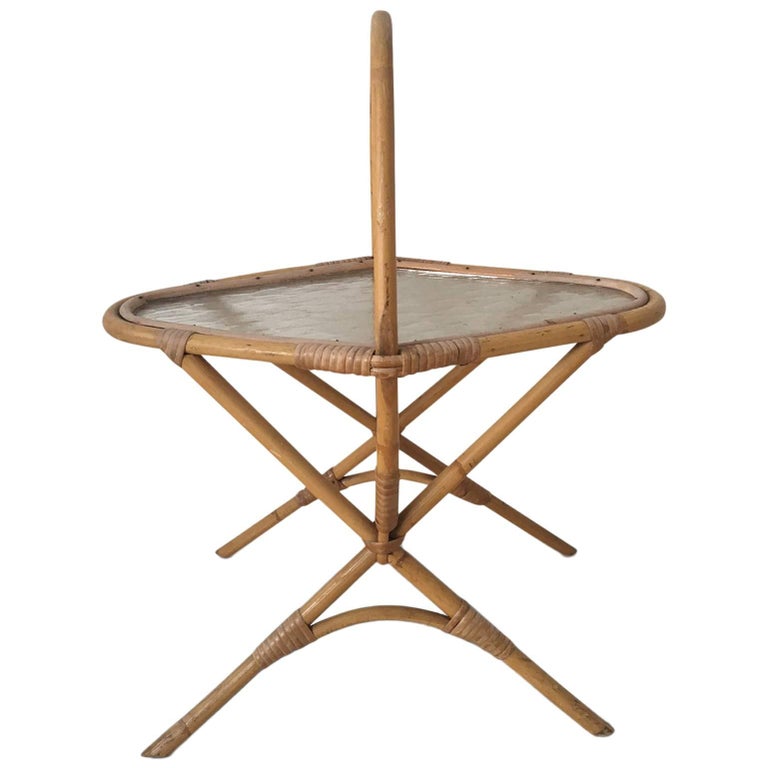 Small Vintage Rattan and Glass Side Table, Planter, 1960s at 1stdibs
