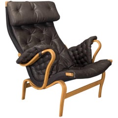 Pernilla Lounge Chair in Beech and Black Leather by Bruno Mathsson for DUX