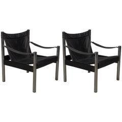 Pair of Black Leather and Chrome Bauhaus Style Safari Chairs