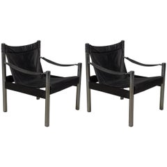 Pair of Black Leather and Chrome Bauhaus Style Safari Chairs