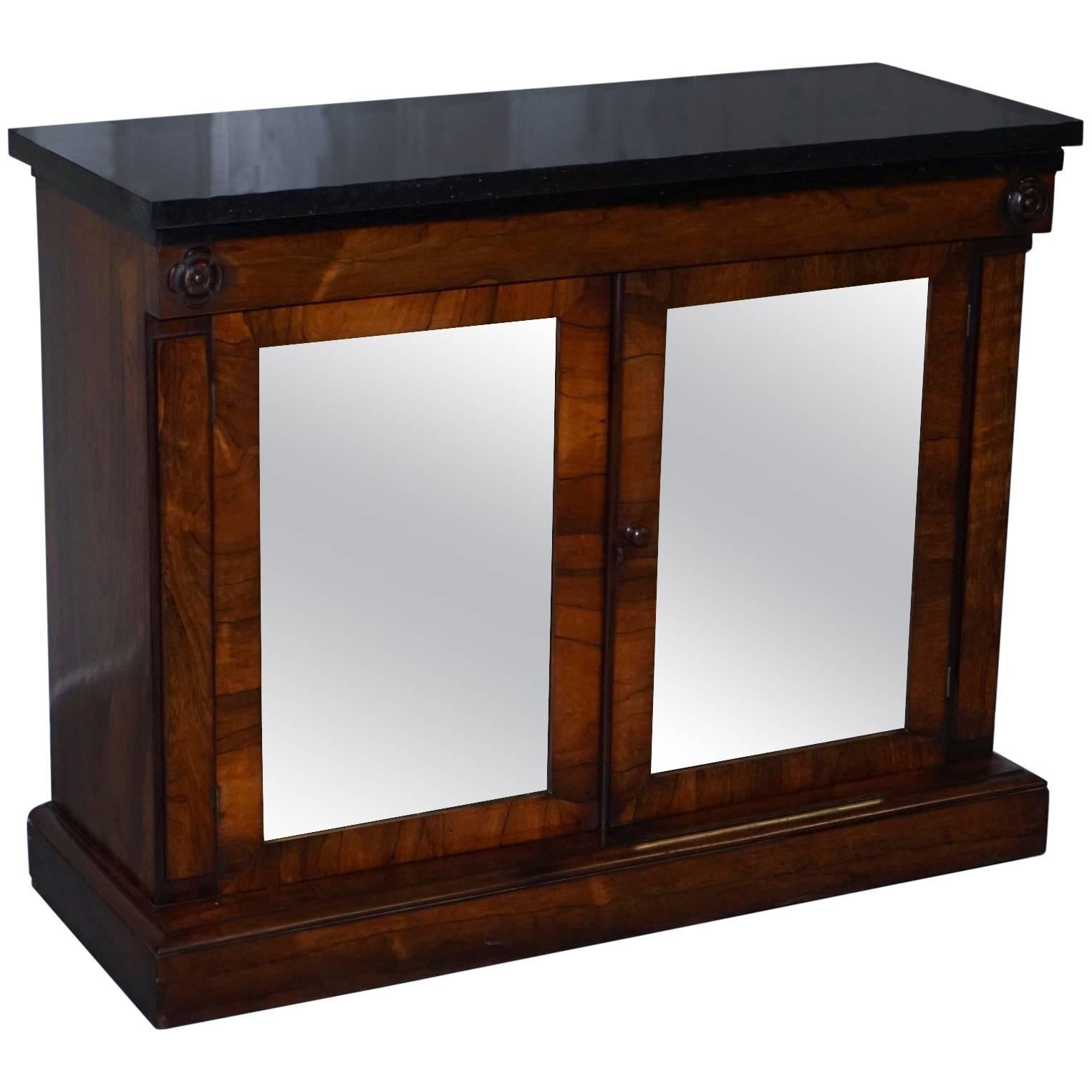 Antique with Marble Top and Mirrored Doors Credenza Cupboard Cabinet Console