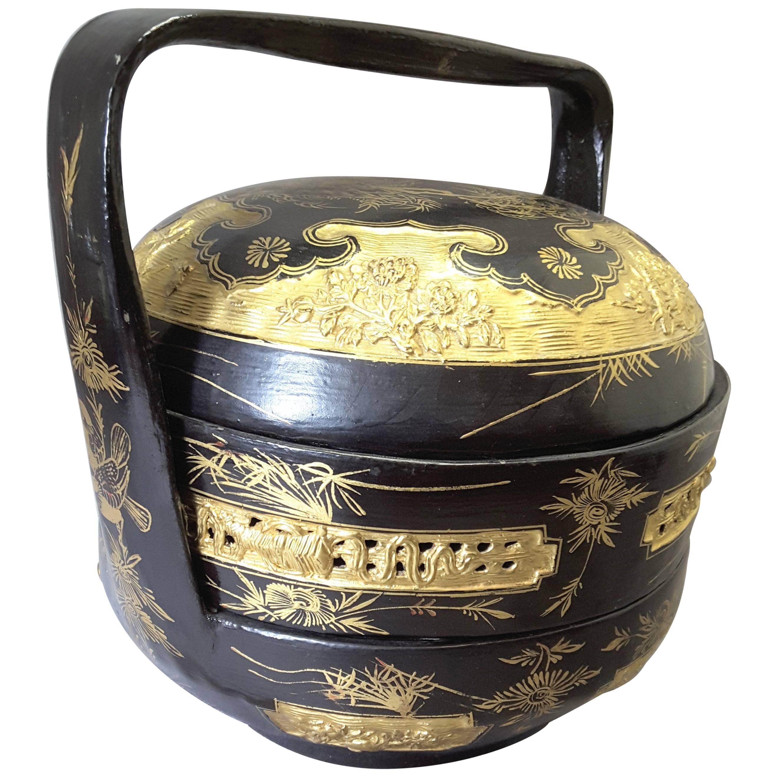 Chinese Black Lacquered and Gilt Food Carrier/Storage Box For Sale