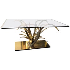 Spectacular 1970 Rectangular Brass Dining Table Maison Jansen Cut Glass Top