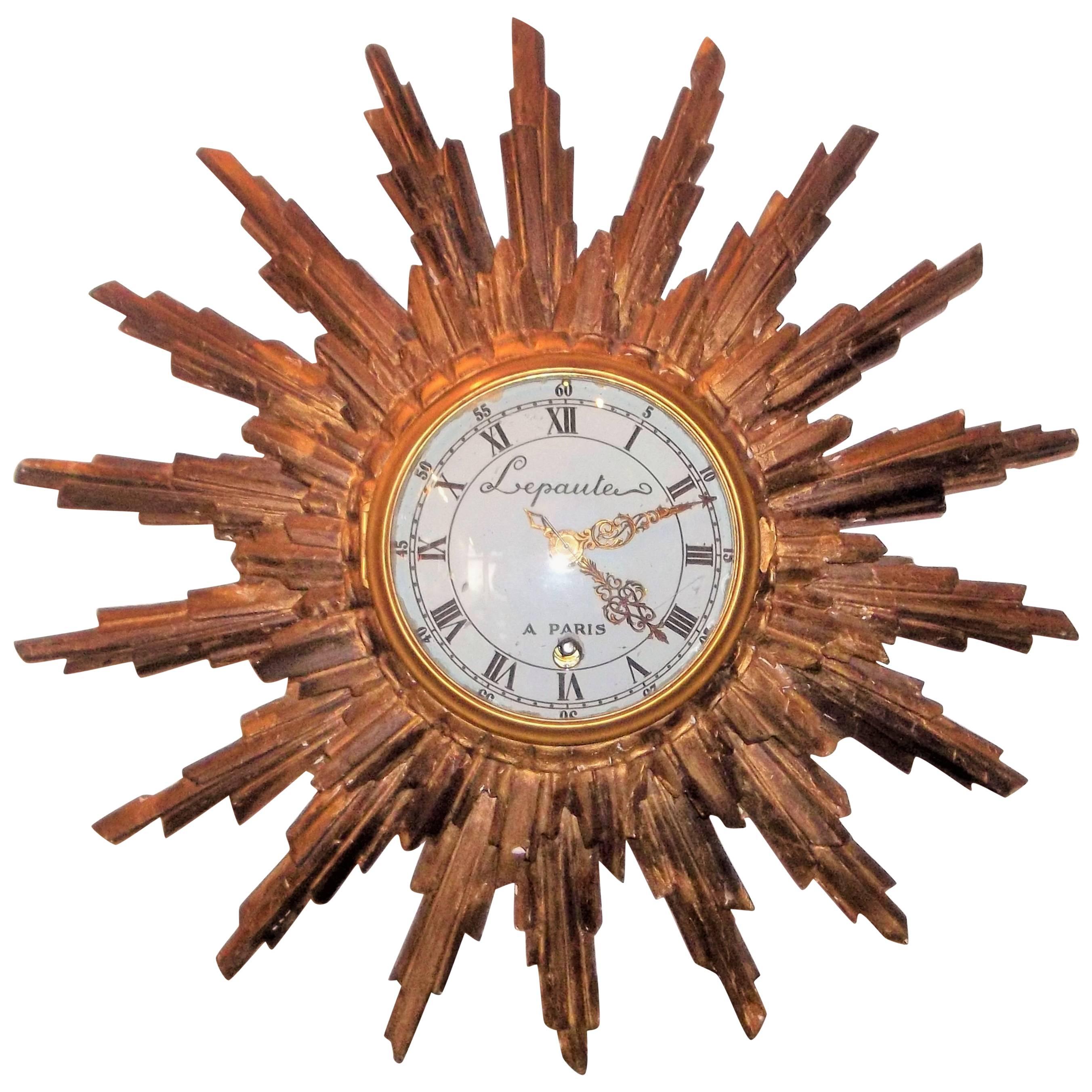 Carved Giltwood Sunburst with Clock Signed Lepaute a Paris
