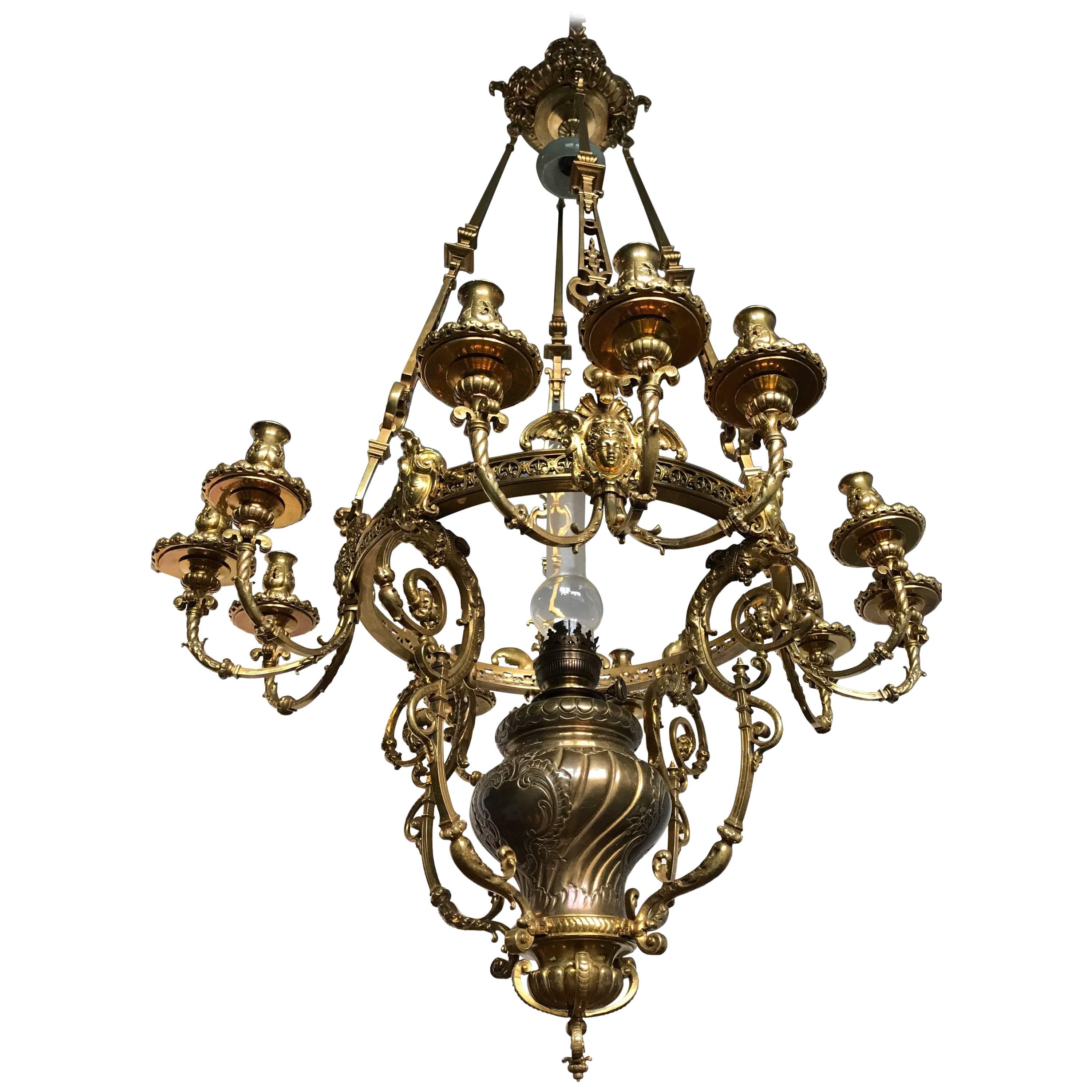 Monumental Large Neo Classical Gilt Bronze Sculptured Oil Lamp Chandelier  For Sale