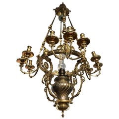 Monumental Large Neo Classical Gilt Bronze Oil Lamp and 12 Candle Chandelier
