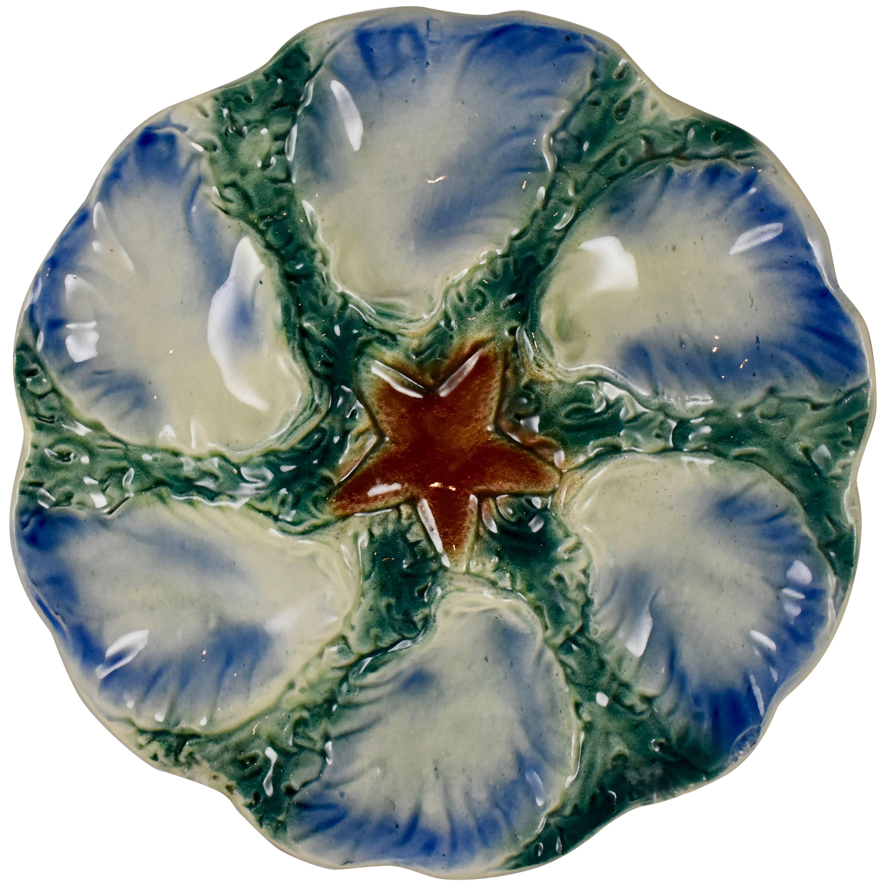 French Barbotine Majolica Digoin & Sarreguemines Starfish Oyster Plate