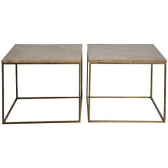 Milo Baughman Brass and Travertine Side Tables