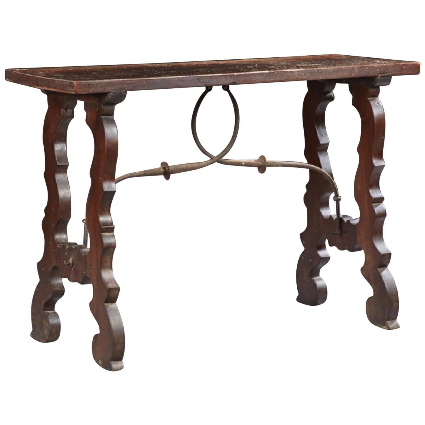 Spanish Carved Walnut Console Table with Iron Stretchers, 19th Century