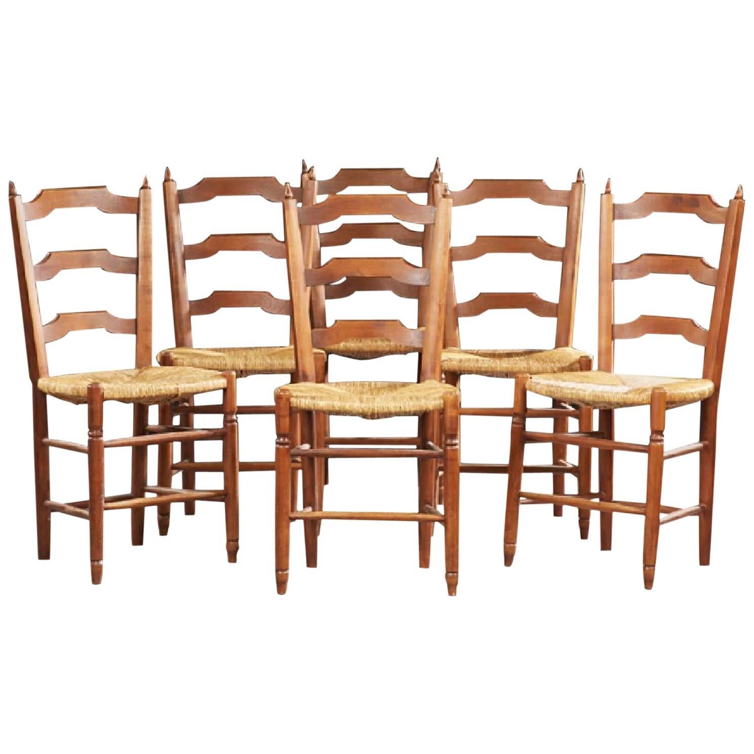 Set of Six French Provincial Carved Cherry Rush Seat Dining Chairs, 20th Century