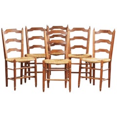 Set of Six French Provincial Carved Cherry Rush Seat Dining Chairs, 20th Century