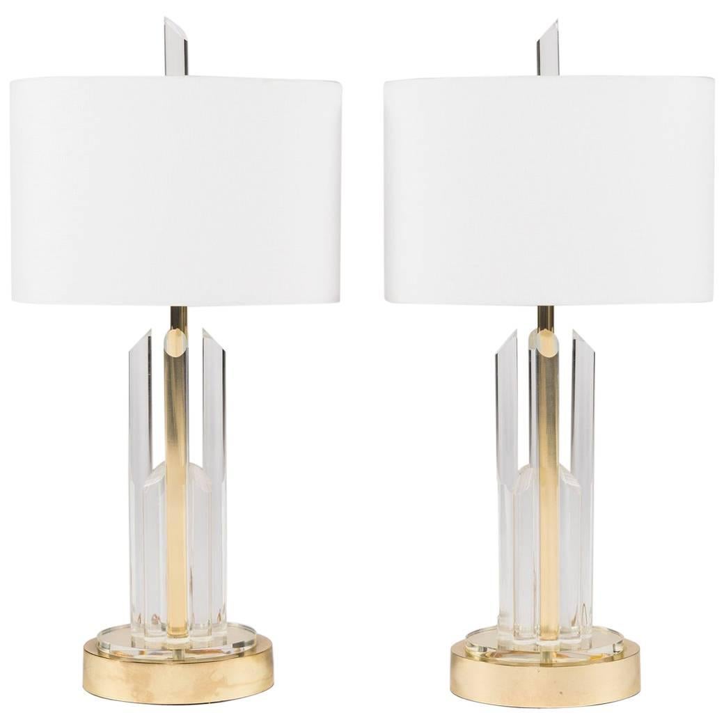 Pair of Lucite and Brass Table Lamps with White Linen Shades