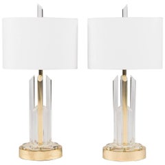 Pair of Lucite and Brass Table Lamps with White Linen Shades
