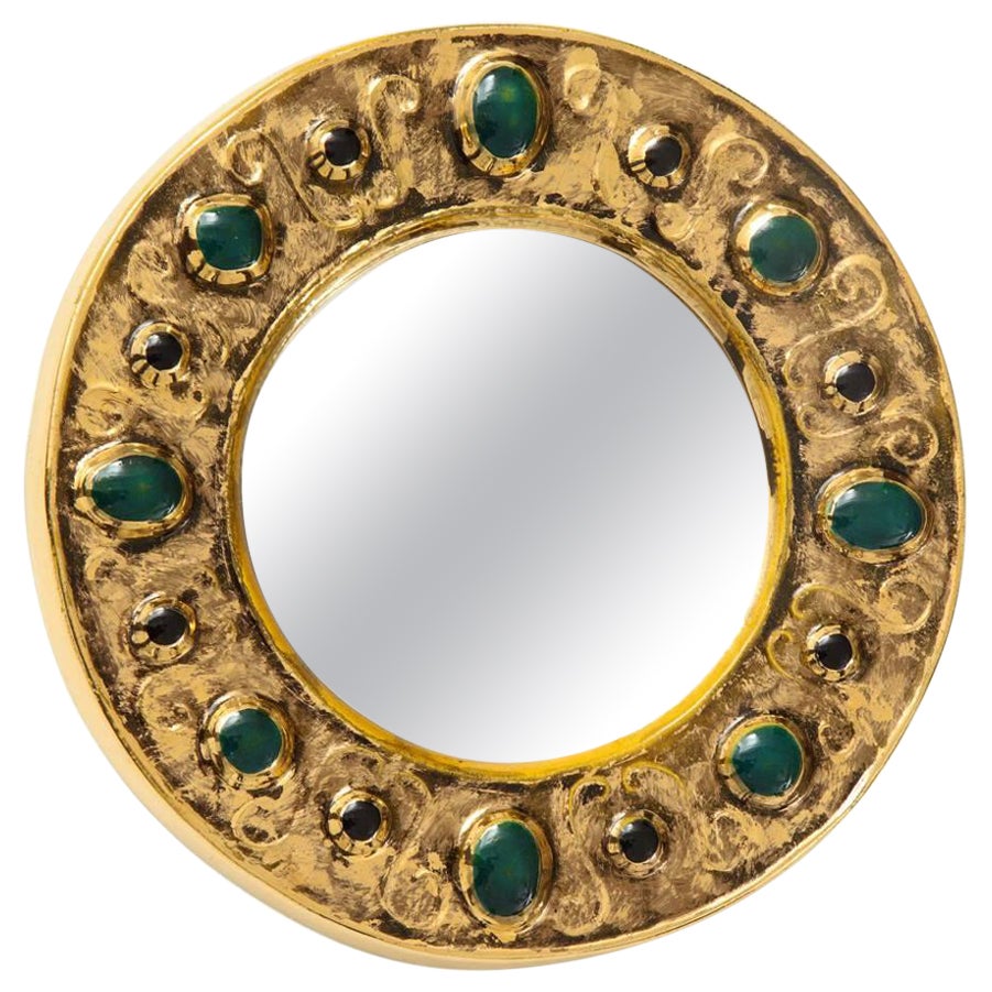 Francois Lembo Mirror, Ceramic, Jeweled, Gold, Emerald Green, Black Signed