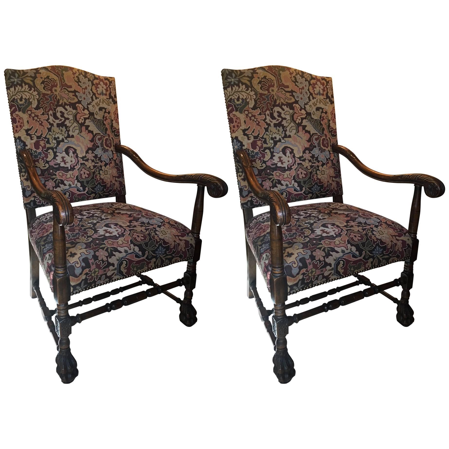 Pair of Carved Flemish Armchairs, 19th Century