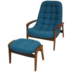 1960s Danish Modern Era Teak Lounge Chair and Ottoman by R. Huber