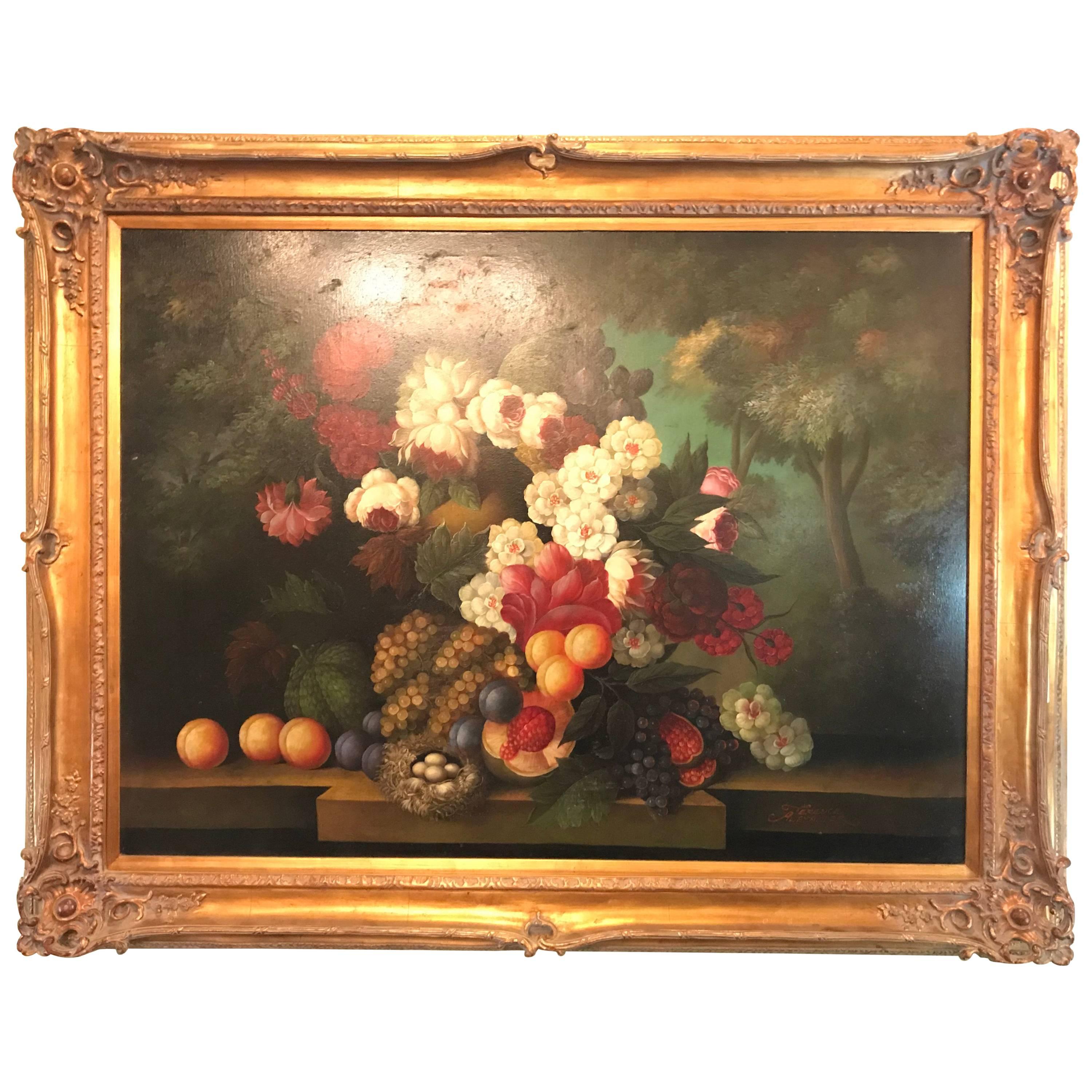 Palatial Framed Oil on Canvas Still Life of Flowers