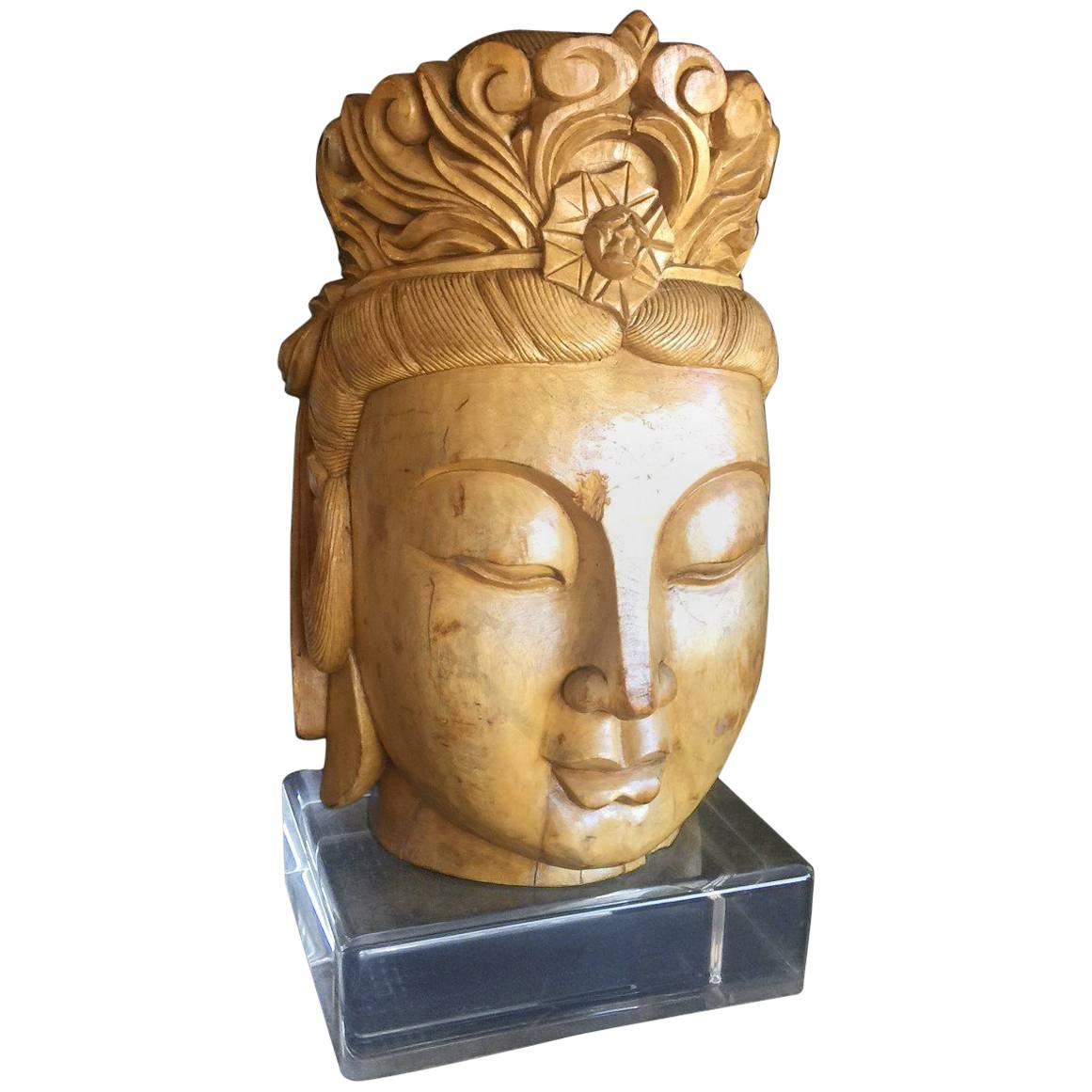 Impressive Hand-Carved Wooden Buddha Head on Acrylic Base
